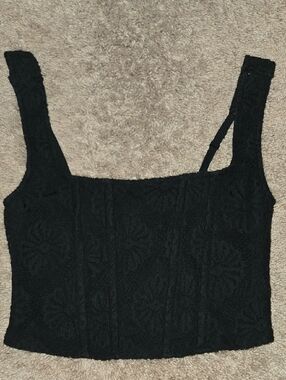 American Eagle Outfitters Black Floral Textured Square-Neck Crop Top